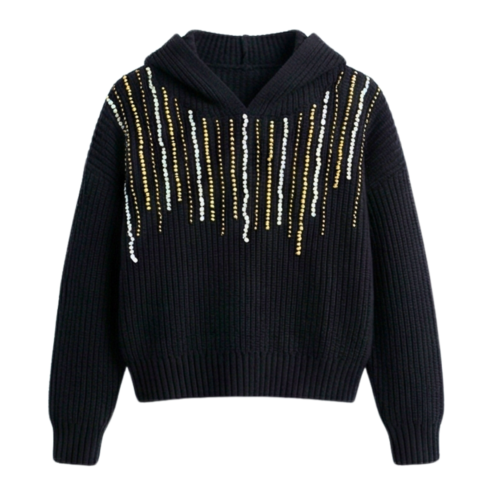 Embellished Ribbed Knit Hoodie