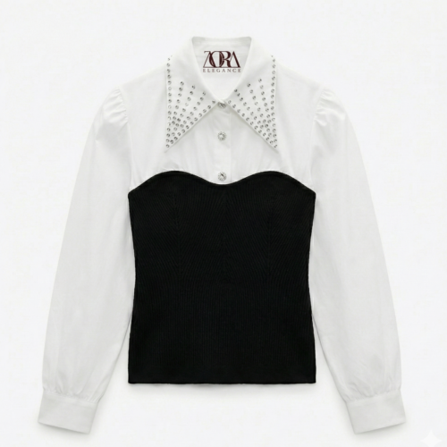 White Shirt with Black Knit Corset and Rhinestone Collar