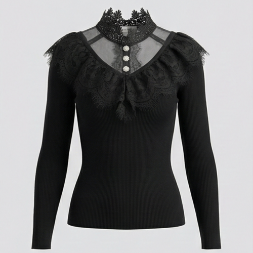 lace trim ribbed knit top – elegant long sleeve blouse