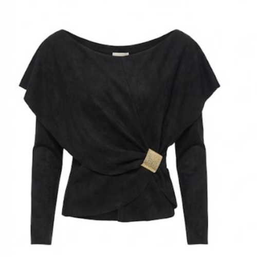 Black Suede Draped Blouse with Gold Buckle - بلوزة شمواه درابية سوداء بتوكة ذهبي
